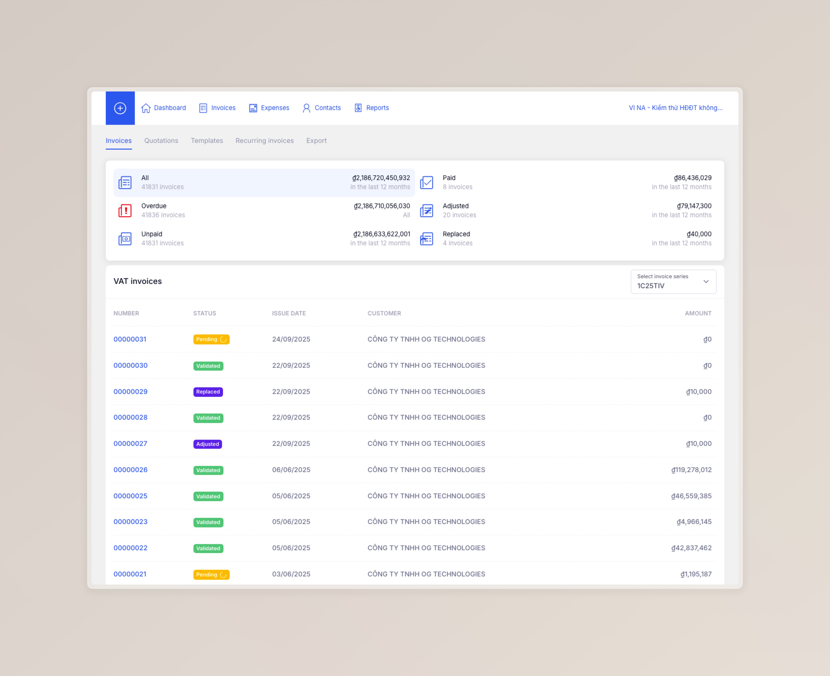 VAT invoices dashboard